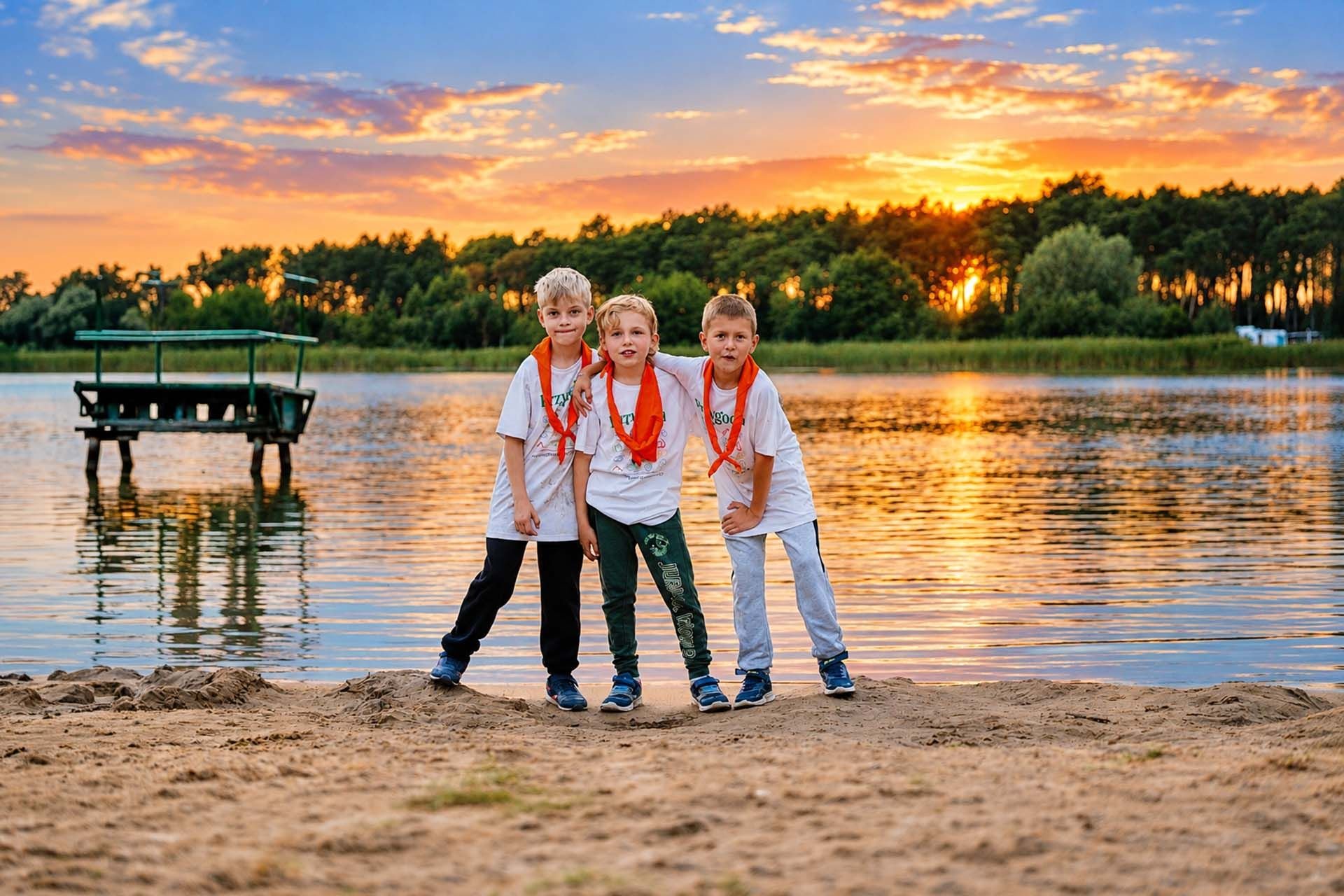 Chłopcy nad jeziorem o zachodzie słońca na Kids Camp w Smerzynie