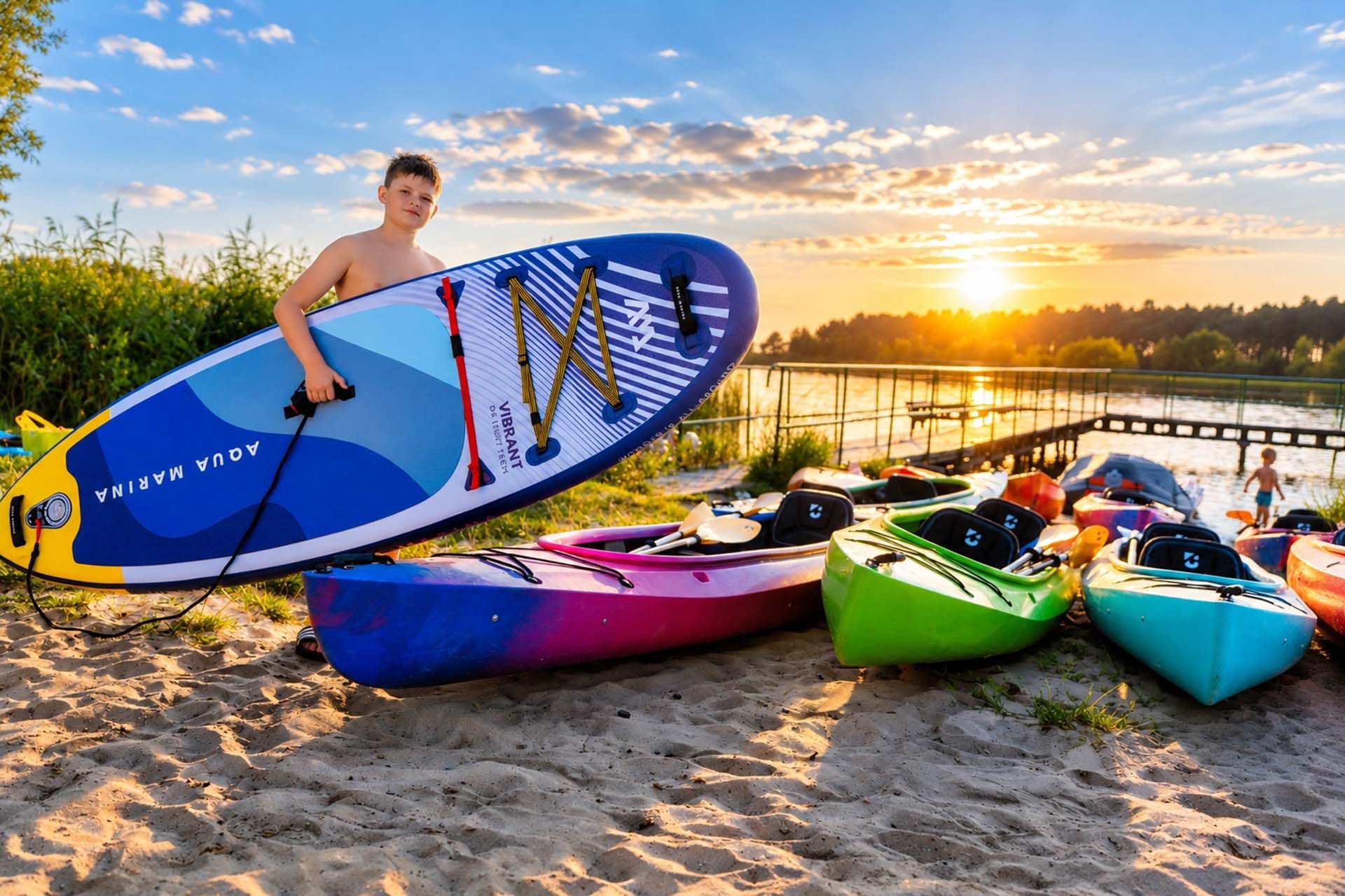 Chłopiec z deską SUP na plaży w Smerzynie o zachodzie słońca