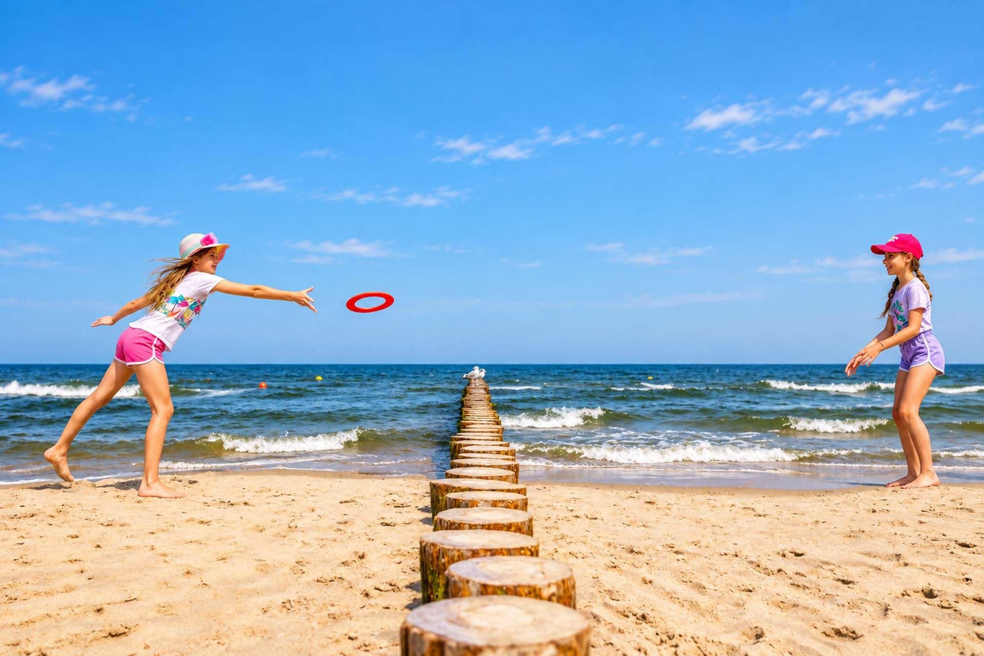 Rzut frisbee na plaży nad morzem