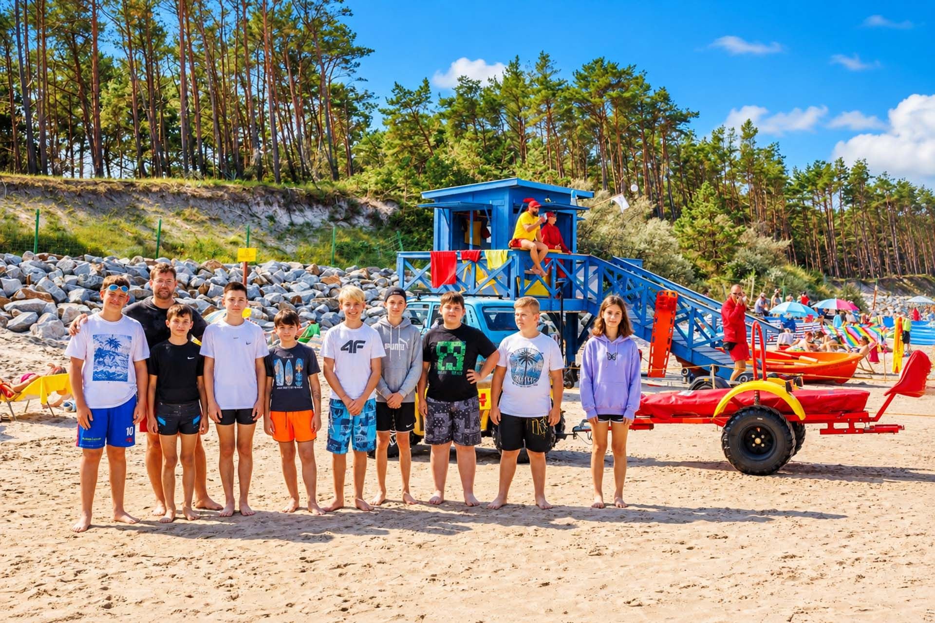 Młodzieżowa grupa przy posterunku ratowników na plaży w Pogorzelicy