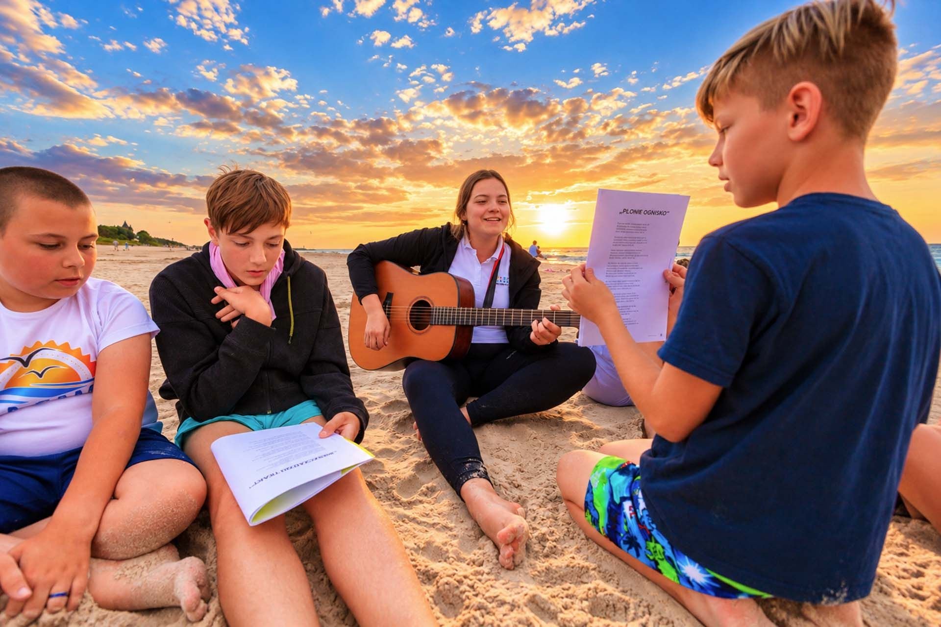 Wychowawca gra na gitarze, dzieci śpiewają na plaży w Łebie
