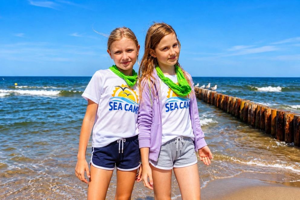 Dziewczęta na słonecznej plaży nad morzem Kids Camp