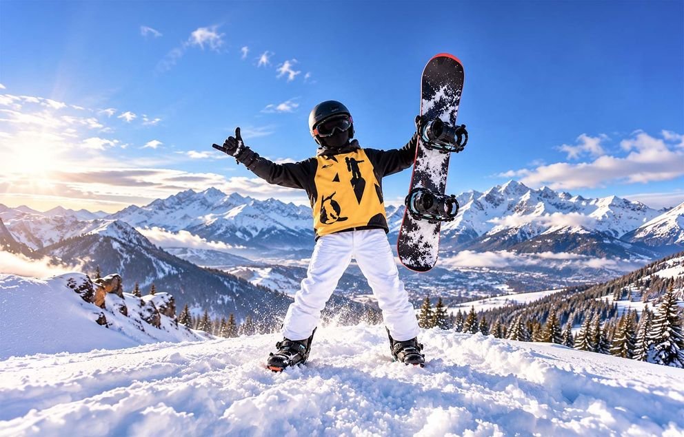 Snowboardzista radosny na szczycie we Włoszech