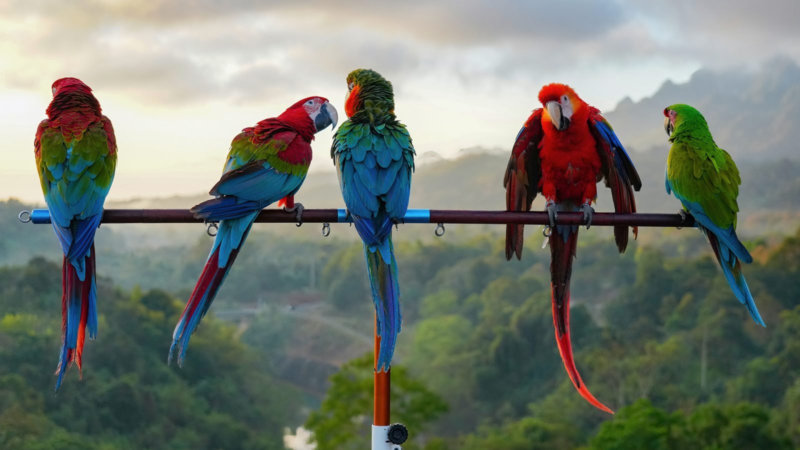 Piękne, wielobarwne papugi ary.
