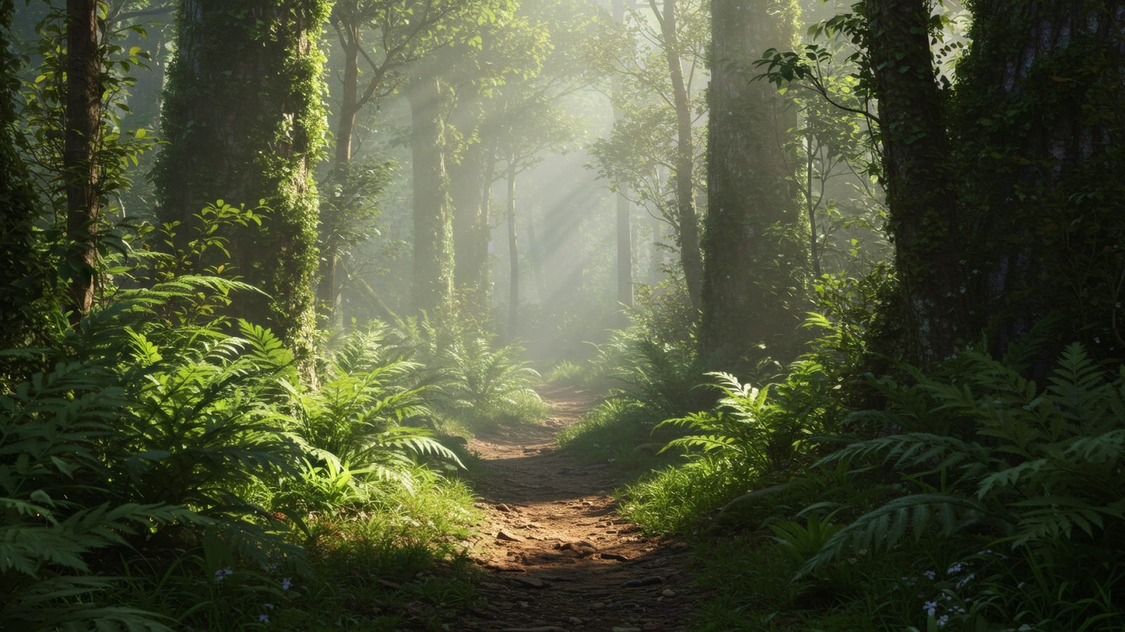 Oświetlona słońcem ścieżka wijąca się przez mglisty las deszczowy, z mchem porośniętym drzewami i bujnymi paprociami.