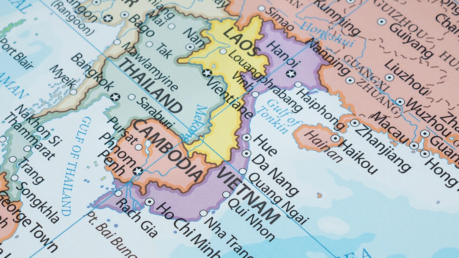 Fragment mapy przedstawiający Wietnam i sąsiadujące kraje.