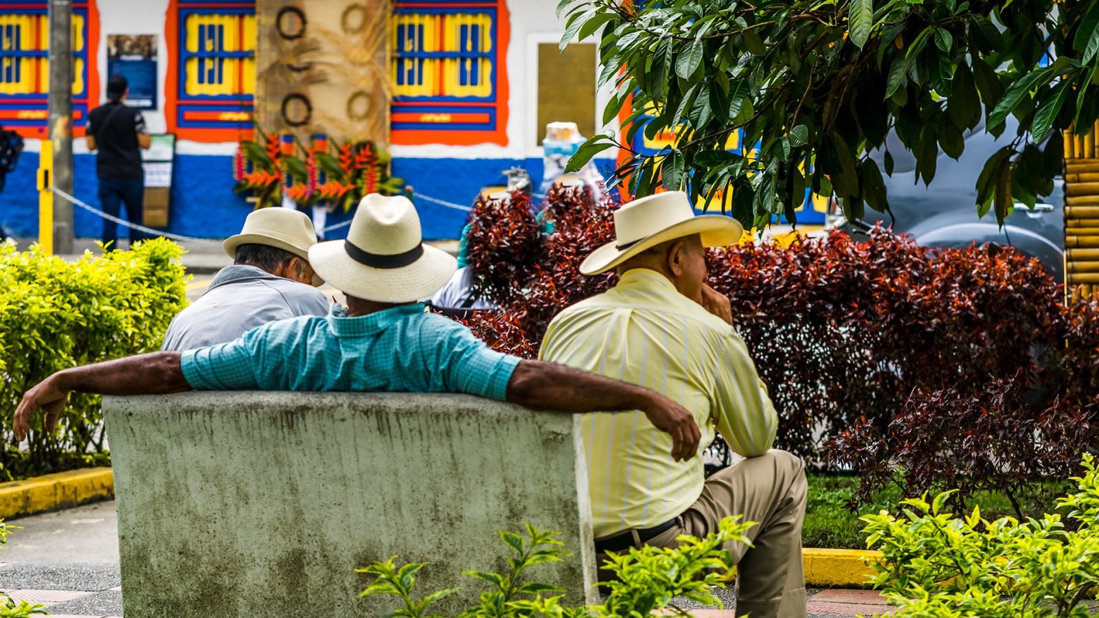 Ludzie w Kolumbii, grupa starszych mężczyzn siedzących na ławce na kolorowych ulicach