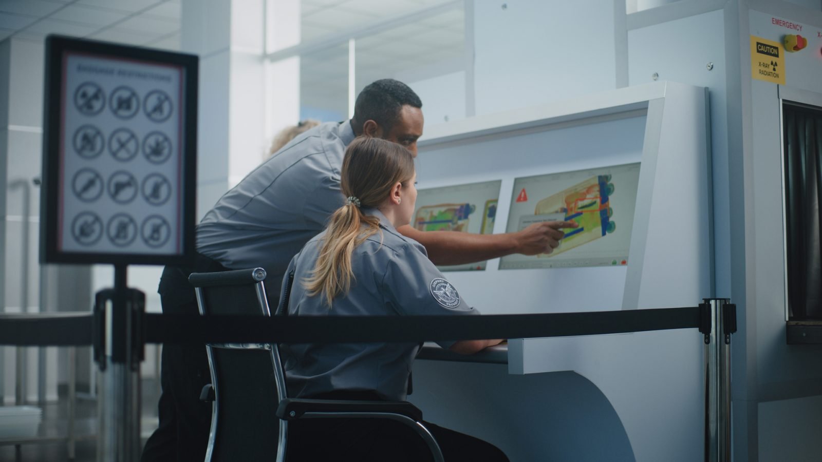 Kontrola bezpieczeństwa na lotnisku: Dwóch pracowników TSA kontroluje skanowanie walizki na lotnisku