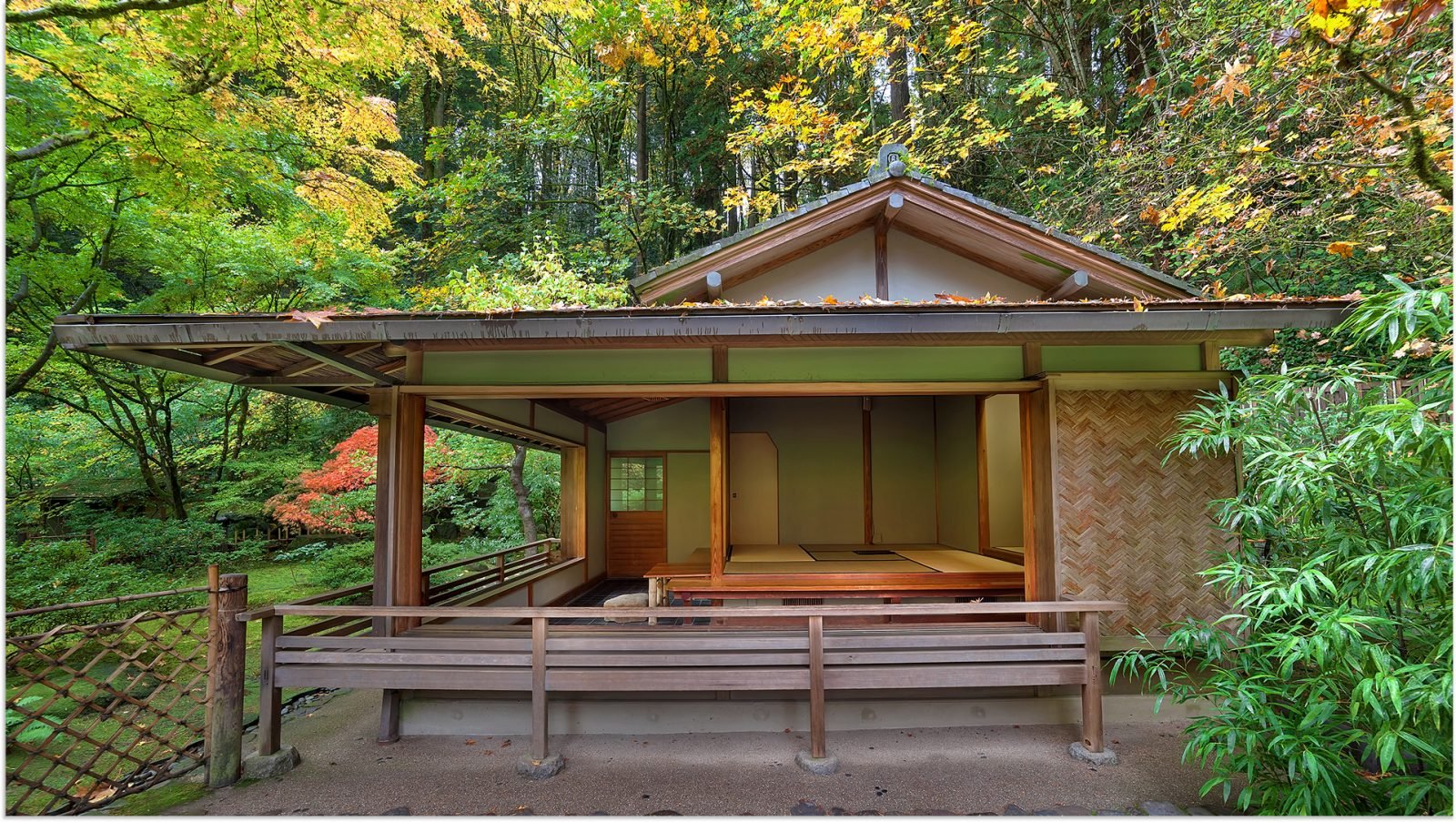 Japoński domek herbaciany stojący w otoczeniu natury