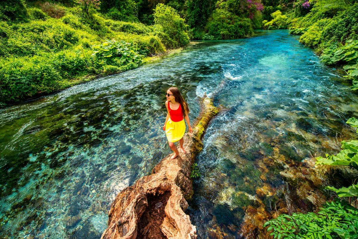 Tourist at Blue Eyes in Albania
