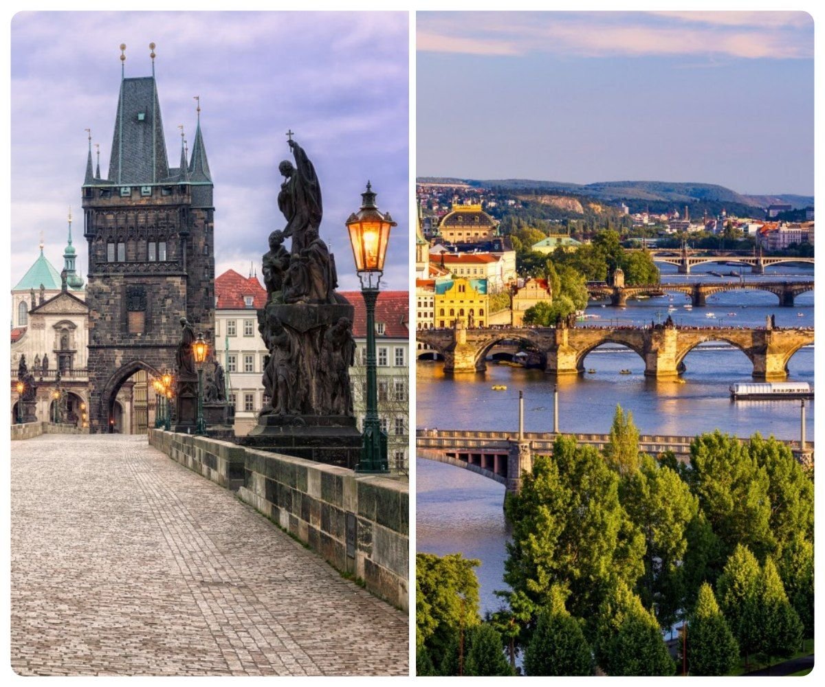Dwa zdjęcia pokazujące most Karola - barokowe posągi na moście oraz most Karola z lotu ptaka