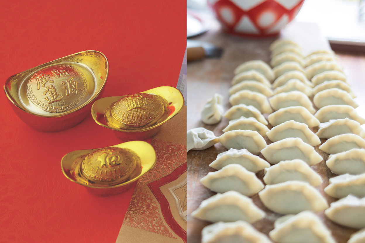 Sztabki złota yuanbao i pierożki jiaozi